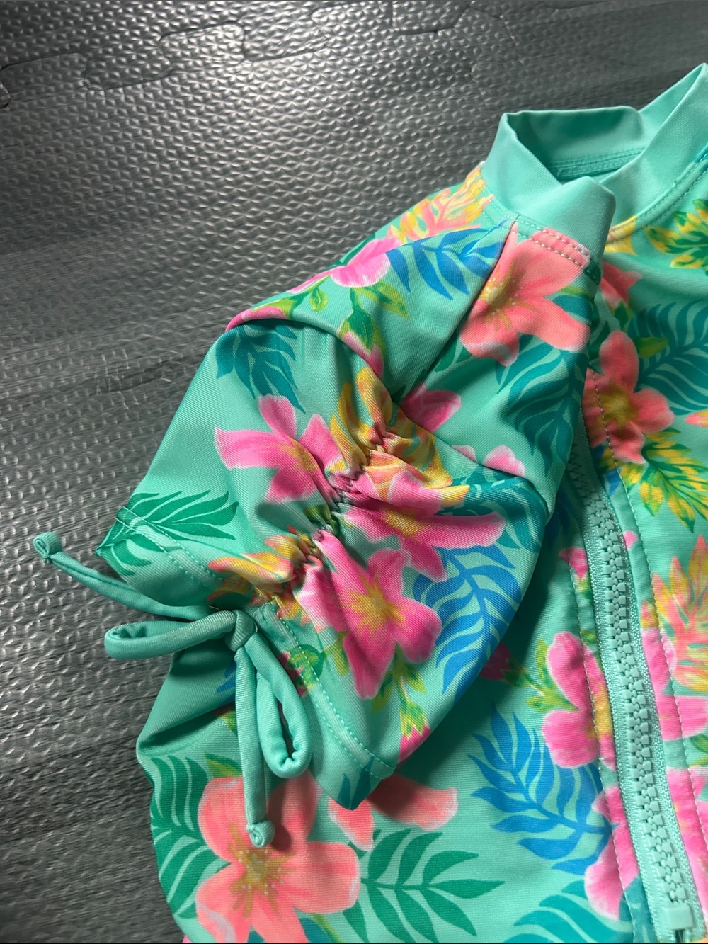 Kids Floral Zip Front Rash Guard Swimsuit - Turquoise - Picture 3 of 6